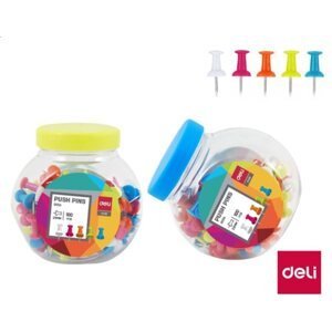 Připínáčky DELI barevné - 100 ks v plastové dóze