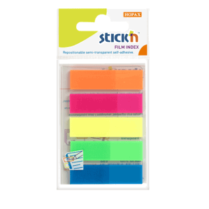 Plastové samolepicí záložky Stick'n 45 × 12 mm, 5 × 25 lístků, neonové barvy