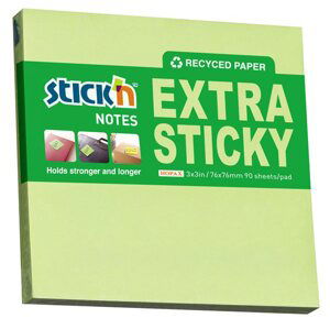 Samolepicí bloček Stick'n Extra Sticky 76 × 76 mm, 90 lístků, recyklovaný pastelově zelený