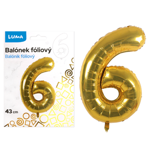 Balónek fóliový nafukovací číslo 6, zlatý 43 cm