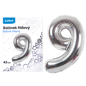Balónek fóliový nafukovací číslo 9, stříbrný 43 cm