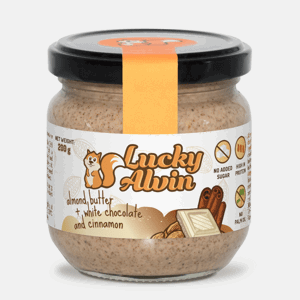 Lucky Alvin Mandle + Bílá Čokoláda + Skořice 200 g, bez GMO, Vegetarian, bez palm. oleje, bez přid. cukru, bez soli, bez lepku 8594189900371
