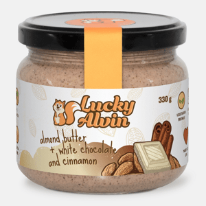 Lucky Alvin Mandle + Bílá Čokoláda + Skořice  330 g, bez GMO, Vegetarian, bez palm. oleje, bez přid. cukru, bez soli, bez lepku 8594189900364