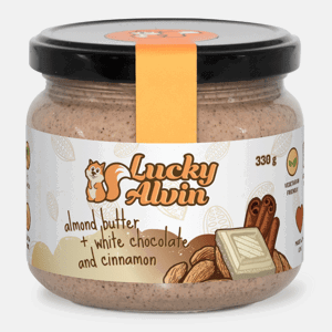 Lucky Alvin Mandle + Bílá Čokoláda + Skořice  330 g, bez GMO, Vegetarian, bez palm. oleje, bez přid. cukru, bez soli, bez lepku 8594189900364
