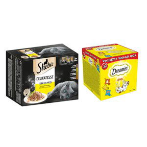 Sheba, 48 x 85 g + Dreamies 12 x 60 g - 15 % sleva - Delikatesse v želé Drůbeží variace