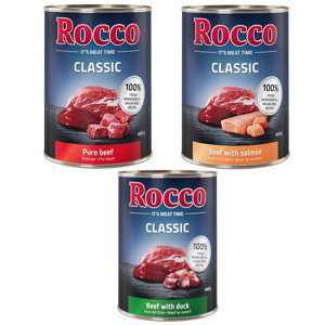 Rocco Classic zkušební mix 6 x 400 g - exkluzivní mix: hovězí, hovězí/losos, hovězí/kachní