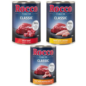 Rocco Classic zkušební mix 6 x 400 g - nejprodávanější mix: hovězí, hovězí/drůbeží srdce, hovězí/kuřecí