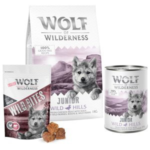 Startovací sada Little Wolf of Wilderness Junior - Wild Hills granule, Wild Hills konzervy, Leafy Willows pamlsky