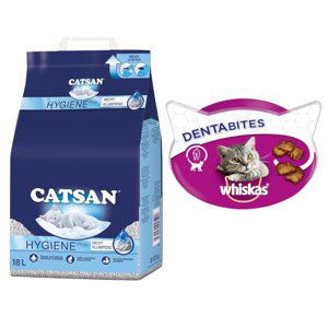 Catsan Hygiene Plus stelivo + Whiskas snack - 15 % sleva - 18 l + Dentabites kuřecí 40 g