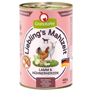 Výhodné balení GranataPet Liebling's Mahlzeit 24 x 400 g - jehněčí a kuřecí srdíčka