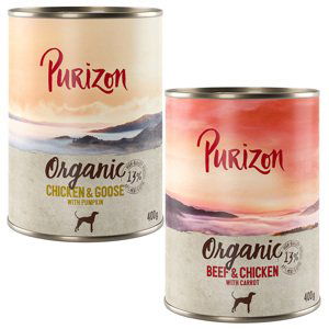 Purizon Organic 6 x 400 g - míchané balení: 3 x kuřecí s husou, 3 x hovězí s kuřecím