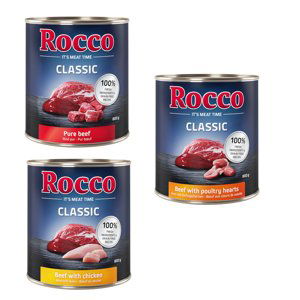 Rocco Classic míchané balení na zkoušku 6 x 800 g - drůbeží mix: hovězí/kuřecí, hovězí/drůbeží srdce, hovězí/krůtí