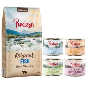 Purizon granule 6,5 kg + Purizon konzervy 6 x 200 g zdarma - Sterilised Adult s rybou – bez obilnin  + míchané balení