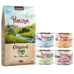 Purizon granule 6,5 kg + Purizon konzervy 6 x 200 g zdarma -  Sterilised Adult jehněčí s rybou – bez obilovin  + míchané balení