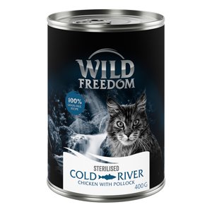 Wild Freedom Adult Sterilised 6 x 200 g / 400 g – bez obilovin - 15 % sleva - Cold River Sterilised – kuře a treska 6 x 400 g