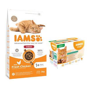IAMS granule, 2 x 3 kg + IAMS Delights Adult Land & Sea Mix, 12 x 85 g zdarma -  Adult Indoor Chicken 2 x 3 kg + 12 x 85 g v omáčce