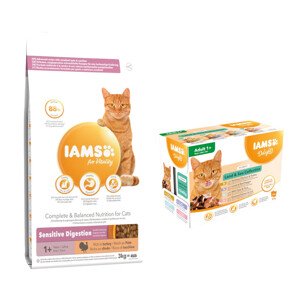 IAMS granule, 2 x 3 kg + IAMS Delights Adult Land & Sea Mix, 12 x 85 g zdarma - Sensitive Digestion Adult & Senior s krocanem + 12 x 85 g v omáčce