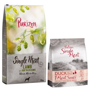 Purizon Single Meat granule 12 kg + 1,8 kg zdarma - Single Meat Adult jehněčí a hrách s květy chmele 12kg + Single Meat Adult kachna s jablky - bez obilovin (6 x 300 g)