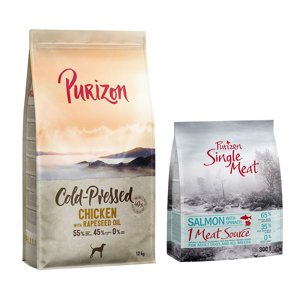 Purizon granule, 12 kg + 1,8 kg Single Meat zdarma - kuřecí s řepkovým olejem lisované za studena + Single Meat Adult losos a špenát s květy chrpy (6 x 300 g)