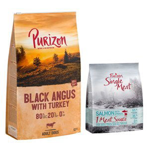 Purizon granule, 12 kg + 1,8 kg Single Meat zdarma - Adult Black-Angus hovězí s krocanem - bez obilovin  + Single Meat Adult losos a špenát s květy chrpy (6 x 300 g)