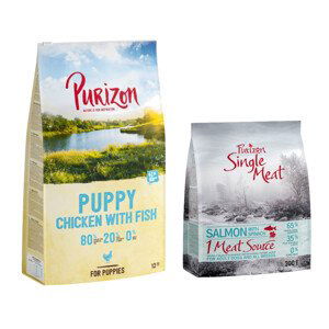 Purizon granule, 12 kg + 1,8 kg Single Meat zdarma -  Puppy kuřecí s rybou - bez obilovin  + Single Meat Adult losos a špenát s květy chrpy (6 x 300 g)