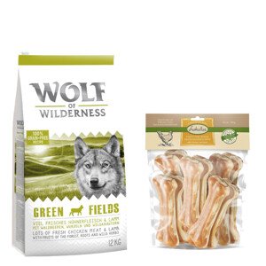 Wolf of Wilderness granule, 12 kg + Lukullus  žvýkací kost 750 g zdarma - Adult "Green Fields" - jehněčí 12 kg + Bigpacks žvýkací kost (750 g) kuřecí 15 cm