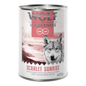 Wolf of Wilderness konzervy, 24 x 400 g - 20 + 4 zdarma - "Red Meat"   Scarlet Sunrise – čerstvé vepřové s lososem a tuňákem