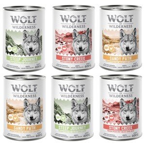 Wolf of Wilderness konzervy, 24 x 400 g - 20 + 4 zdarma - Adult míchané balení: 2x Stony Creek, 2x Sandy Path, 2x Steep Journey spoustou čerstvé drůbeže