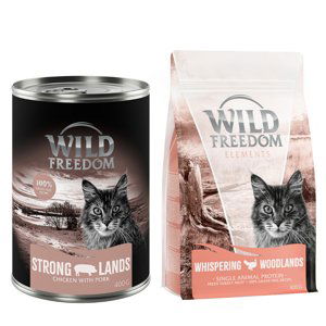Wild Freedom 12 x 400 g + granule 400 g za skvělou cenu - Strong Lands - vepřové a kuřecí + Adult "Whispering Woodlands“ s krocanem – bez obilovin