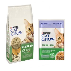 PURINA Cat Chow, 15 kg + 26 x 85 g Cat Chow kapsičky zdarma - Special Care Sterilized krůtí 10 kg + Sterilised jehněčí a zelené fazolky 26 x 85 g