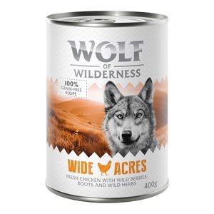 Wolf of Wilderness konzervy, 12 x 400 g - 10 + 2 zdarma - NOVÉ: Wide 0Acres - kuřecí  Adult