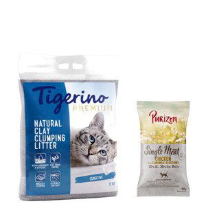 Tigerino Premium 2 x 12 kg + Purizon Single Meat kuřecí s květy heřmánku  -  Premium - Sensitive (bez parfemace) 2 x 12 kg + Single Meat kuřecí s květy heřmánku 100g