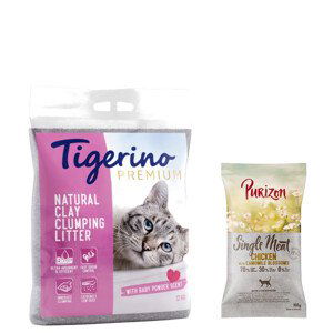 Tigerino Premium 2 x 12 kg + Purizon Single Meat kuřecí s květy heřmánku  - Premium (Canada Style) - Baby Powder 2 x 12 kg + Single Meat kuřecí s květy heřmánku 100g