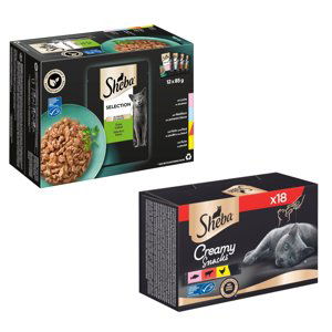 Sheba variace 12 x 85 g + Creamy Snacks  18 x 12 g - 15 % sleva - Selection v omáčce Feine Vielfalt variace 12 kapsiček (12 x 85 g) + Creamy Snacks Multipack 18 x 12 g