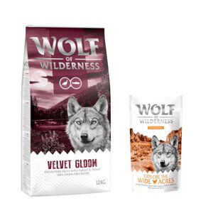 Wolf of Wilderness granule, 12 kg + Training “Explore the Wide Acres” zdarma - "Velvet Gloom" krocan & pstruh - bez obilovin 12 kg +  “Explore the Wide Acres” s kuřecím