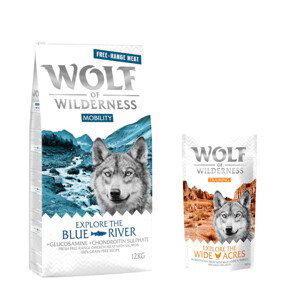 Wolf of Wilderness granule, 12 kg + Training “Explore the Wide Acres” zdarma - „Explore The Blue River“ Mobility – kuře z volného chovu a losos 12 kg +  “Explore the Wide Acres” s kuřecím
