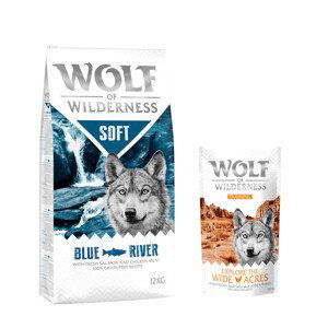 Wolf of Wilderness granule, 12 kg + Training “Explore the Wide Acres” zdarma - Adult "Soft - Blue River" - losos 12 kg +  “Explore the Wide Acres” s kuřecím