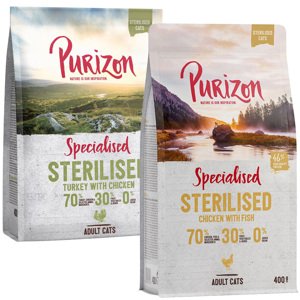 Míchané balení Purizon - bezobilné 2 x 400 g - Sterilised Adult krůtí & kuřecí a Sterilised Adult kuřecí & ryba