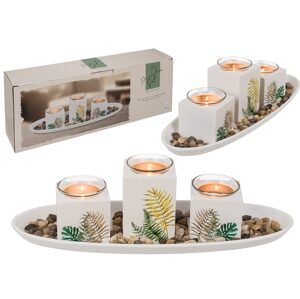 Bílý dřevěný talíř, se 3 držáky na čajové svíčky a dekoračními kamínky, Tropical