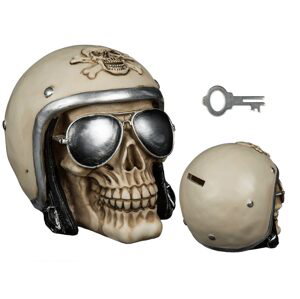 Pokladnička, lebka s motorkářskou helmou a slunečními brýlemi 