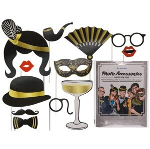 Párty fotografické doplňky na tyčce, novoroční (klobouk, brýle, sklenice šampaňského, knír atd.)