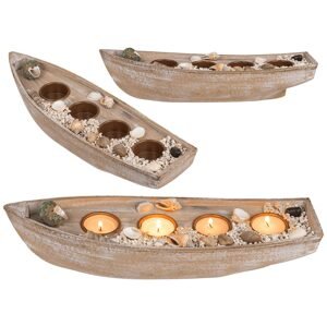 Dřevěná loďka na 4 čajové svíčky, mušle a kamínky, včetně čajových svíček