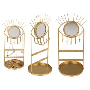 Zlatý kovový držák na šperky se zrcátkem, oko, s držákem na řetízky, prsteny, náušnice