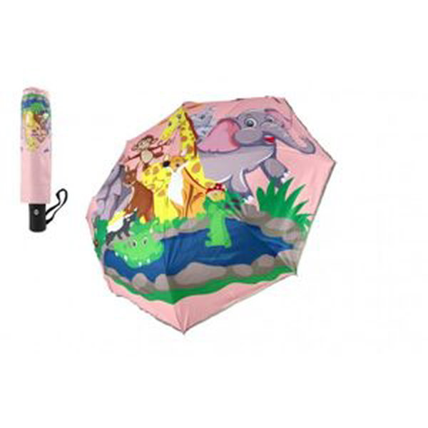 Teddies Deštník Zvířátka skládací vystřelovací látka/kov 28cm růžový v sáčku