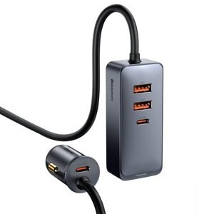 Baseus Nabíječka do auta Baseus Share Together s prodlužovacím kabelem, 2x USB, 2x USB-C, 120 W (šedá)