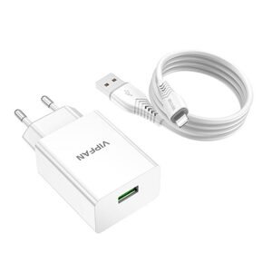 Vipfan Síťová nabíječka Vipfan E03, 1x USB, 18W, QC 3.0 + kabel Lightning (bílá)