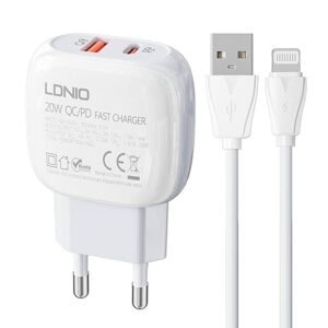 LDNIO Nástěnná nabíječka LDNIO A2313C USB, USB-C 20W + kabel USB na Lightning