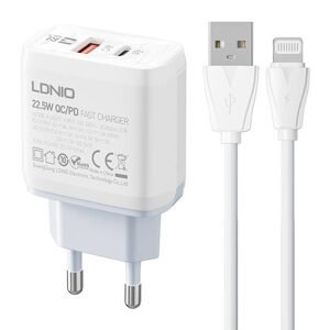 LDNIO Nástěnná nabíječka LDNIO A2421C USB, USB-C 22,5 W + kabel Lightning