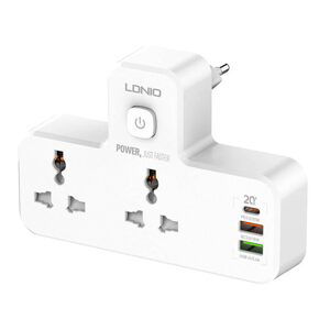 LDNIO SC2311 Napájecí lišta se 2 zásuvkami AC, 2USB, USB-C, 2500 W s nočním světlem, EU/USA (bílá)