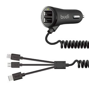 Budi Nabíječka do auta 2x USB Budi 068T3, 3,4A + kabel 3v1 USB do USB-C / Lightning / Micro USB (černá)